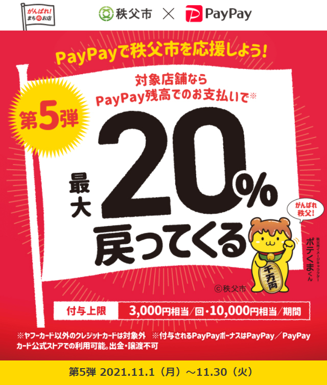 【本日より】最大20％戻る！秩父市×PayPayキャンペーン開催！